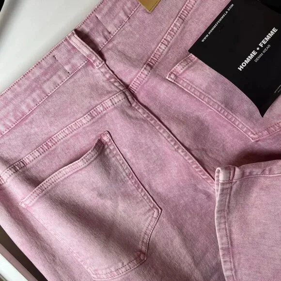 HOMME + FEMME LA distressed flare cargo jeans w/straps washed LIGHT PINK - Picture 6 of 9